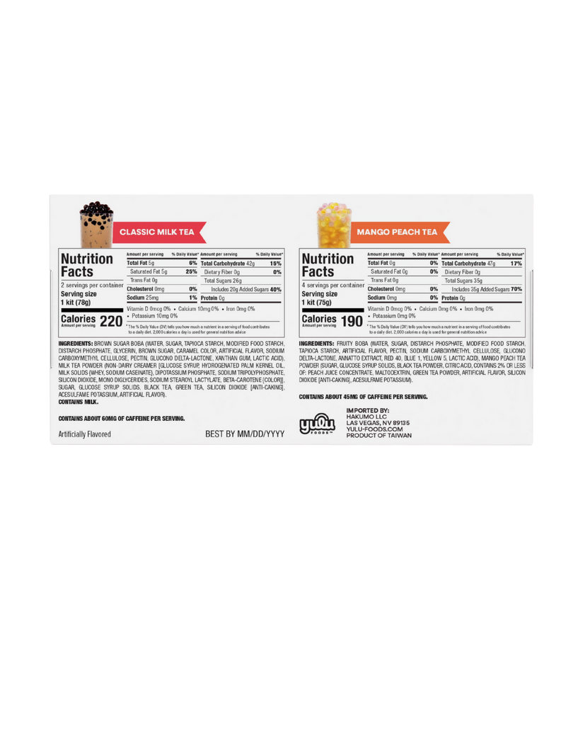 Yulu Foods Instant Bubble Pearl Variety Milk & Fruity Tea Kit with Authentic Brown Sugar and Fruity Tapioca Pearls